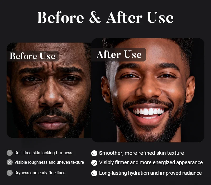 Side-by-side comparison of a man's face before and after skincare treatment, showing improved skin texture and brightness.